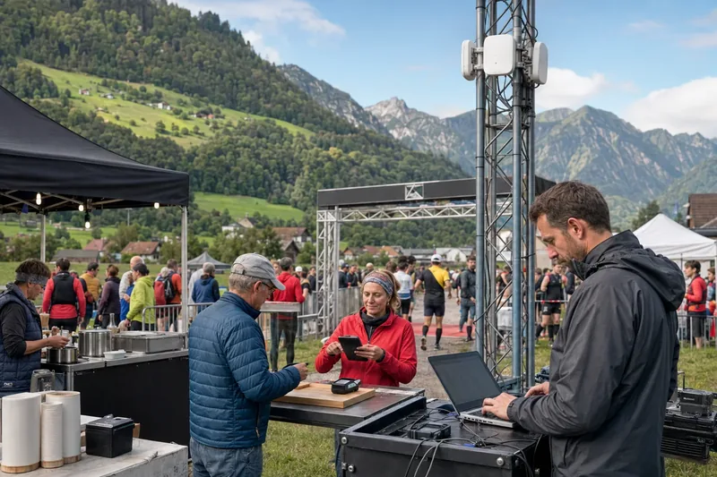 Temporäre Event-WLAN-Infrastruktur von novoSYS bei einer Outdoor-Veranstaltung in der Schweiz