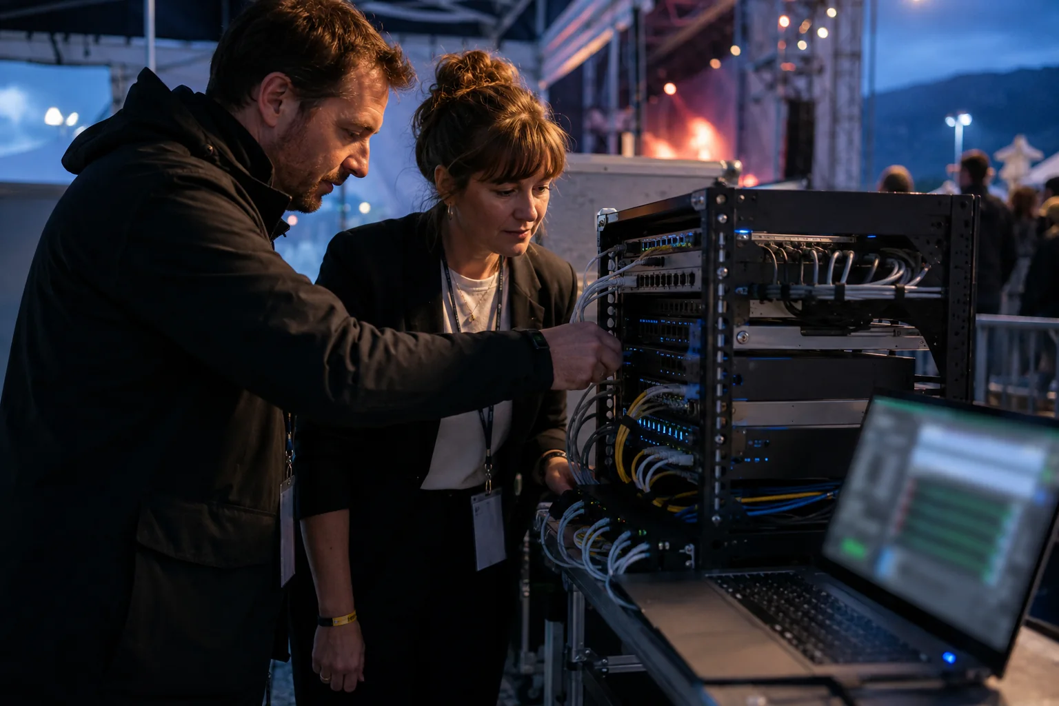 Techniker betreuen die Netzwerkinfrastruktur einer Schweizer Veranstaltung
